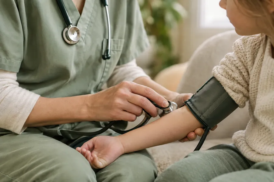 A clinician gently checking a child's blood pressure