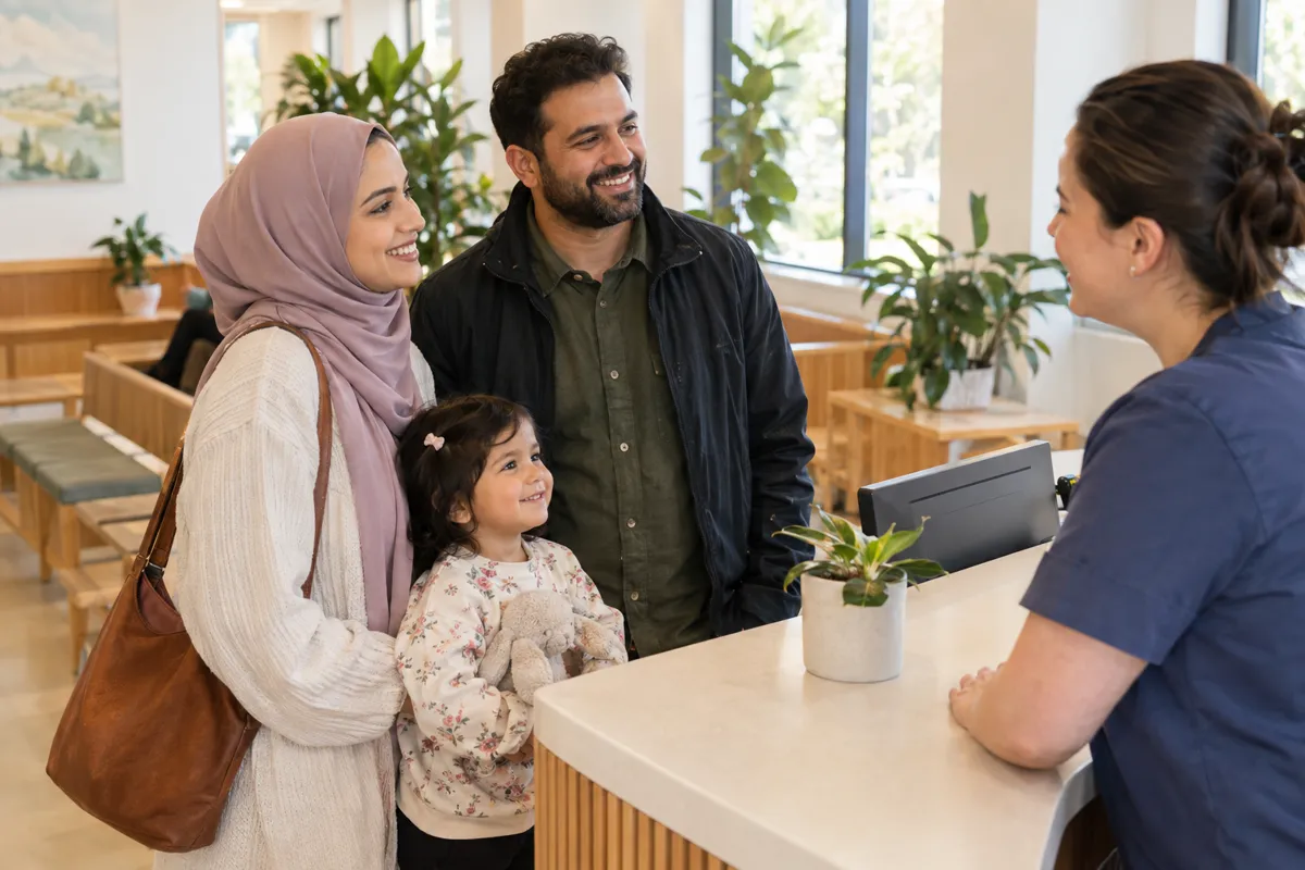 A family being welcomed by a receptionist in a bright clinic waiting area
